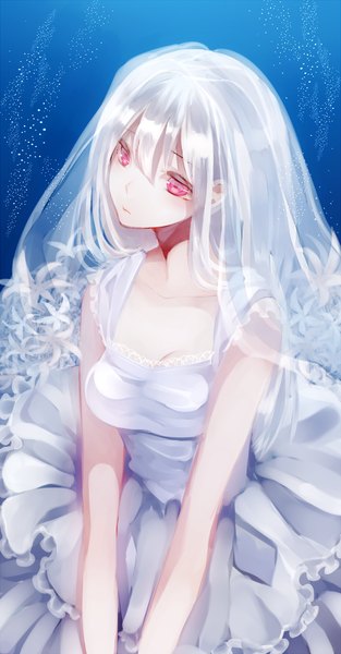 Anime picture 1000x1916 with original aoray single long hair tall image looking at viewer blush simple background cleavage silver hair pink eyes blue background sad girl dress hair ornament flower (flowers) white dress wedding dress