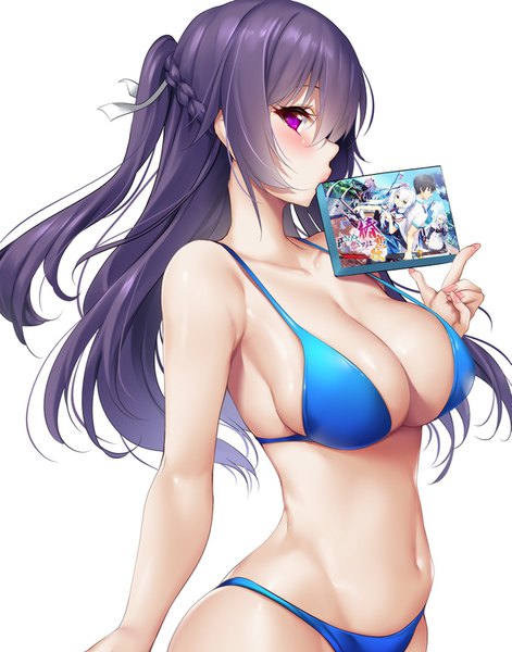 Anime picture 1179x1500 with kizuna kirameku koi iroha kamiizumi saya nironiro single long hair tall image looking at viewer blush fringe breasts light erotic hair between eyes large breasts white background purple eyes holding payot purple hair braid (braids) nail polish