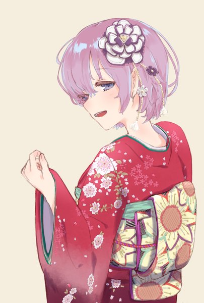 Anime picture 1536x2274 with fate (series) fate/grand order mash kyrielight satokoh9112ushi single tall image blush fringe short hair open mouth simple background hair between eyes standing purple eyes payot pink hair upper body traditional clothes :d japanese clothes