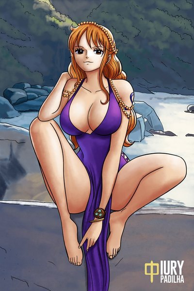 Anime-Bild 666x1000 mit one piece toei animation nami (one piece) iury padilha single long hair tall image looking at viewer fringe breasts light erotic hair between eyes large breasts sitting bare shoulders brown eyes signed payot cleavage full body