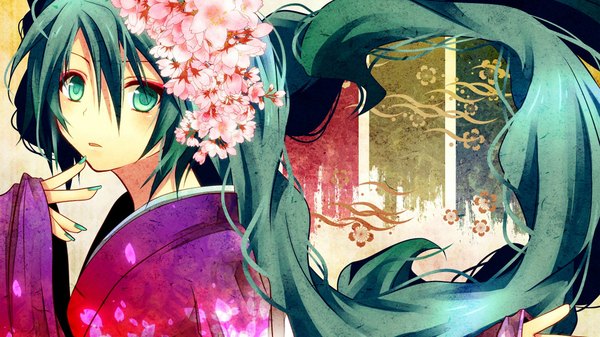 Anime picture 1920x1080 with vocaloid hatsune miku single long hair highres open mouth wide image traditional clothes japanese clothes hair flower aqua eyes fingernails aqua hair long fingernails girl hair ornament kimono