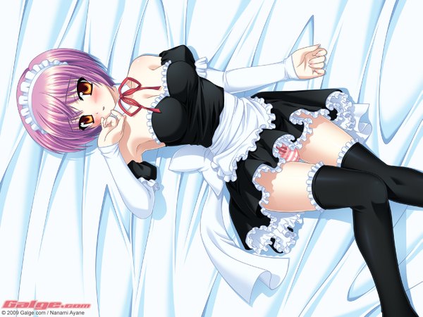Anime picture 1365x1024 with galge.com light erotic maid girl thighhighs underwear panties ribbon (ribbons) striped panties