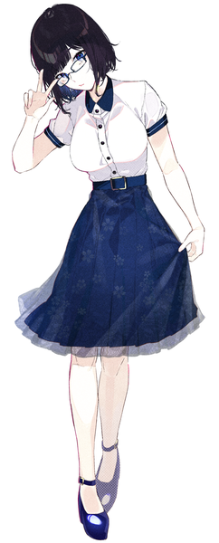 Anime picture 808x2000 with original kayahara (kayaka) single tall image looking at viewer fringe short hair breasts blue eyes black hair simple background white background full body head tilt arm up short sleeves victory skirt hold girl skirt