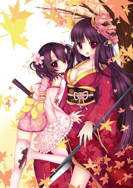 Anime picture 1414x2000 with usagihime long hair tall image red eyes multiple girls cleavage purple hair horn (horns) mask on head girl hair ornament weapon 2 girls plant (plants) sword tree (trees) leaf (leaves) mask