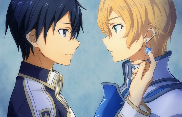 Anime picture 1300x832 with sword art online a-1 pictures kirigaya kazuto eugeo (sao) fcc fringe short hair blue eyes black hair blonde hair simple background hair between eyes green eyes upper body profile light smile multiple boys grey eyes blue background face to face