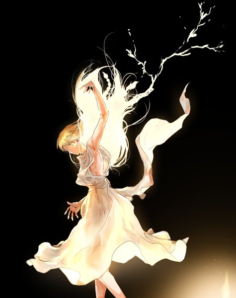 Anime picture 1835x2319 with elden ring miquella (elden ring) timnehparrot single long hair tall image highres simple background blonde hair arm up floating hair black background no face dress boy white dress