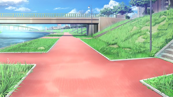 Anime picture 2050x1153 with love la bride highres wide image game cg sky cloud (clouds) no people landscape river plant (plants) grass bridge road