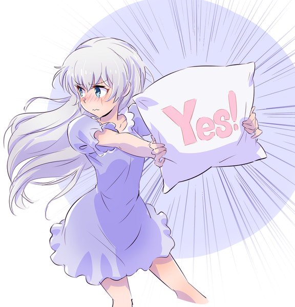 Anime picture 1537x1600 with rwby rooster teeth weiss schnee iesupa single long hair tall image blush fringe blue eyes simple background white background holding looking away silver hair embarrassed wavy mouth hair down yes-no pillow tsundere