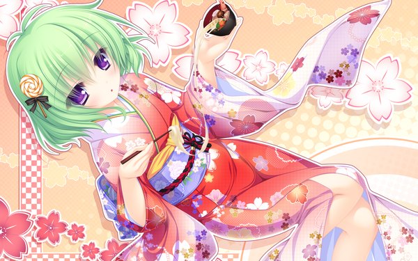 Anime picture 2560x1600 with justy nasty whirlpool (studio) kagami hibiki mikagami mamizu highres short hair wide image purple eyes traditional clothes japanese clothes green hair girl hair ornament flower (flowers) food kimono obi