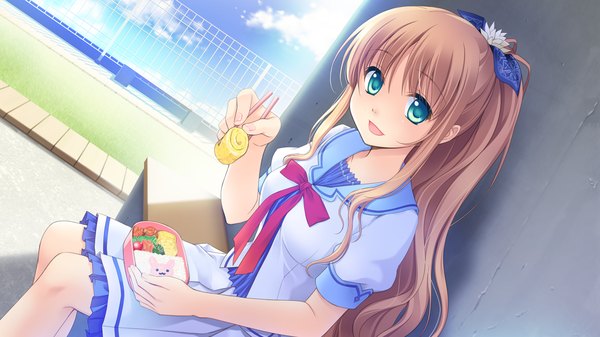 Anime picture 1280x720 with astraythem ginta long hair open mouth blonde hair wide image green eyes game cg ponytail girl uniform school uniform food obento omelet tamagoyaki