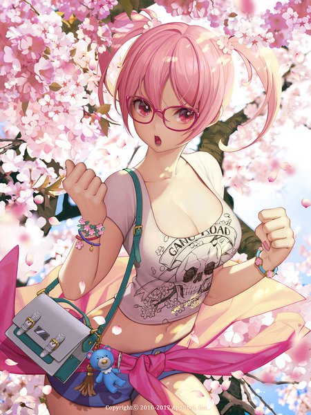 Anime picture 1500x2000 with furyou michi ~gang road~ soo kyung oh single long hair tall image looking at viewer fringe short hair breasts open mouth hair between eyes large breasts pink hair nail polish pink eyes arm up hair flower fingernails cherry blossoms pink nail polish