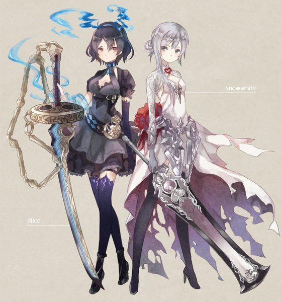 Anime picture 1021x1091 with sinoalice snow white (sinoalice) alice (sinoalice) oro ponzu long hair tall image looking at viewer fringe short hair black hair simple background hair between eyes red eyes standing multiple girls cleavage silver hair full body grey background grey eyes