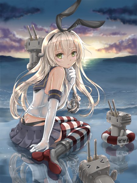 Anime picture 900x1200 with kantai collection shimakaze destroyer rensouhou-chan tokoaoki long hair tall image looking at viewer sitting green eyes cloud (clouds) white hair wariza evening sunset :3 > < girl thighhighs gloves bow