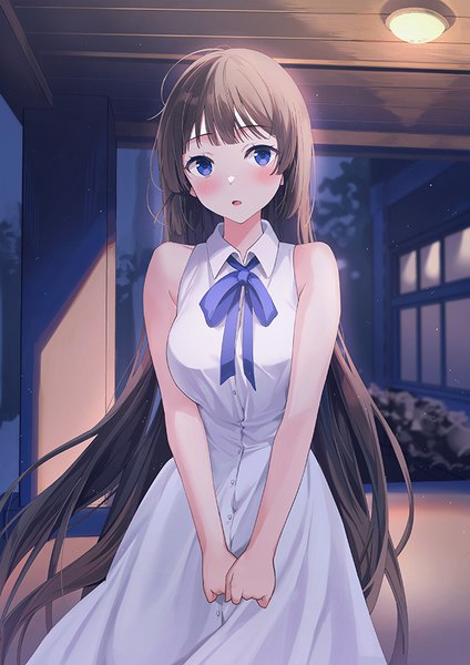 Anime picture 636x900 with original kendo club president (rangu) rangu single tall image looking at viewer blush fringe breasts open mouth blue eyes brown hair standing bare shoulders outdoors blunt bangs very long hair night :o night sky