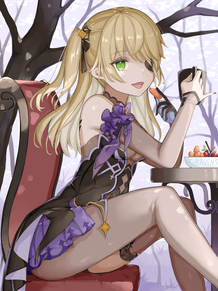 Anime picture 3072x4096 with genshin impact fischl (genshin impact) t-ravens single long hair tall image looking at viewer fringe highres breasts open mouth light erotic blonde hair smile sitting holding green eyes signed payot absurdres