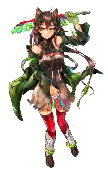 Anime picture 1673x2659 with original maido mido single long hair tall image looking at viewer simple background brown hair standing white background bare shoulders holding green eyes animal ears cat ears open clothes open jacket cat girl girl thighhighs