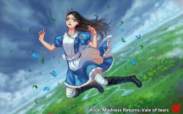 Anime picture 1280x800 with american mcgee's alice (game) alice: madness returns alice (american mcgee's) redname single long hair looking at viewer black hair green eyes inscription spread arms flying river girl dress pantyhose boots frills pendant leaf (leaves)