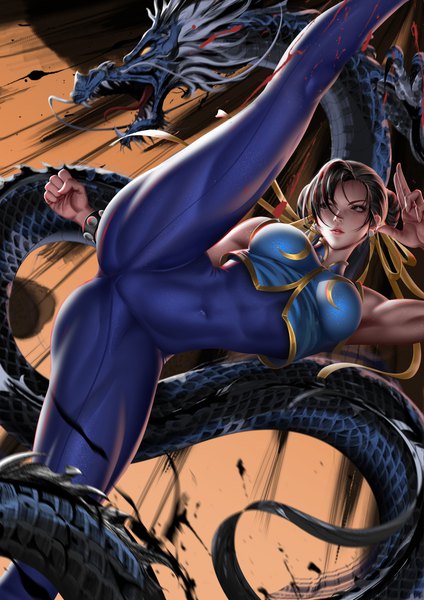 Anime picture 2828x4000 with street fighter capcom chun-li liang xing single tall image fringe highres short hair breasts light erotic black hair brown eyes looking away parted lips hair over one eye hair bun (hair buns) fantasy kick girl