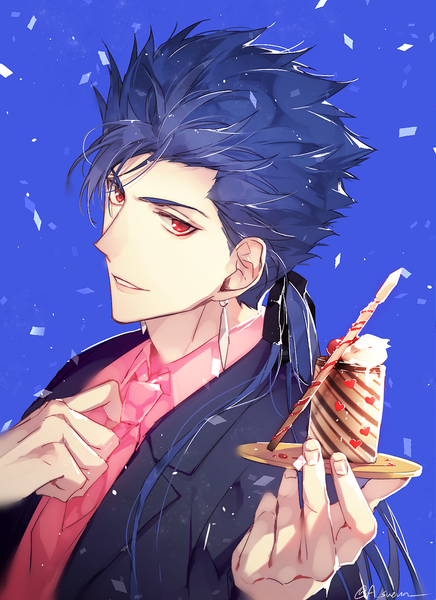 Anime picture 849x1166 with fate (series) fate/stay night cu chulainn (fate) cu chulainn (fate/stay night) sueun single long hair tall image looking at viewer red eyes signed blue hair upper body from above twitter username blue background low ponytail adjusting necktie boy ribbon (ribbons)