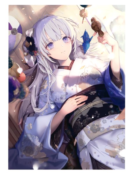 Anime-Bild 2919x3805 mit original eshi 100-nin ten yukisame single long hair tall image blush highres payot silver hair lying traditional clothes japanese clothes blurry scan wide sleeves on back dutch angle floral print border