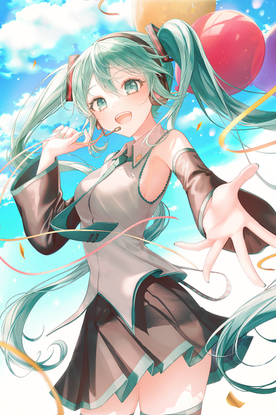 Anime picture 800x1203 with vocaloid hatsune miku 723/nanahumi single tall image looking at viewer fringe open mouth hair between eyes standing twintails sky cloud (clouds) very long hair :d pleated skirt aqua eyes aqua hair outstretched hand girl