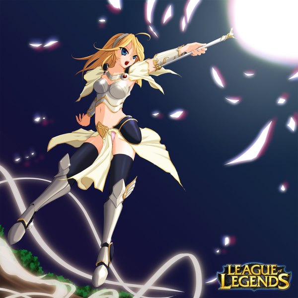 Anime picture 2000x2000 with league of legends lux (league of legends) noenmyi single long hair highres open mouth blue eyes light erotic blonde hair midriff pantyshot magic girl thighhighs navel black thighhighs thigh boots staff