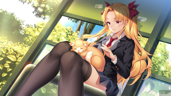 Anime picture 2667x1500 with fate (series) fate/grand order ereshkigal (fate) uosaasou single long hair blush fringe highres blonde hair smile red eyes wide image sitting signed payot sky cloud (clouds) outdoors long sleeves