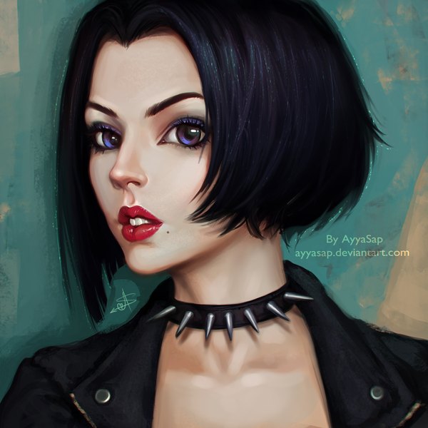 Anime picture 2000x2000 with original ayyasap single highres short hair black hair purple eyes lips realistic mole teeth lipstick eyeshadow mole under mouth shiny girl jacket collar spikes