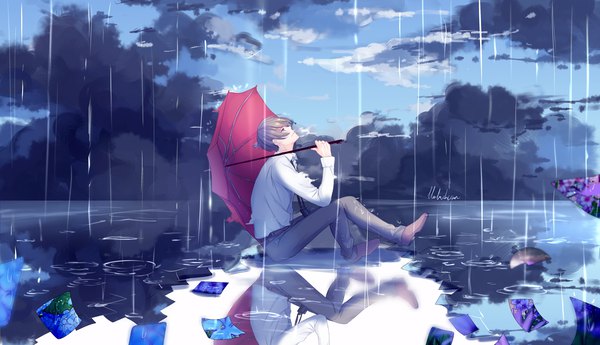 Anime picture 4307x2480 with original koga (lluluchwan) lluluchwan single highres short hair brown hair wide image sitting brown eyes signed absurdres sky cloud (clouds) full body bent knee (knees) long sleeves profile reflection looking up