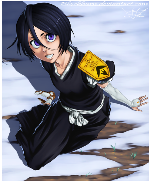 Anime picture 830x1000 with bleach studio pierrot kuchiki rukia bl4ckburn single tall image fringe short hair black hair smile hair between eyes sitting purple eyes traditional clothes japanese clothes from above grin coloring snowing winter