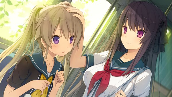 Anime picture 1920x1080 with ao no kanata no four rhythm sprite (company) arisaka mashiro tobisawa misaki akinashi yuu long hair blush highres breasts open mouth black hair smile brown hair wide image twintails purple eyes multiple girls game cg hand on another's head girl