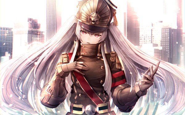 Anime-Bild 1113x695 mit re:creators altair (re:creators) limeblock single long hair looking at viewer fringe hair between eyes red eyes wide image silver hair upper body parted lips head tilt lens flare girl gloves uniform black gloves headdress