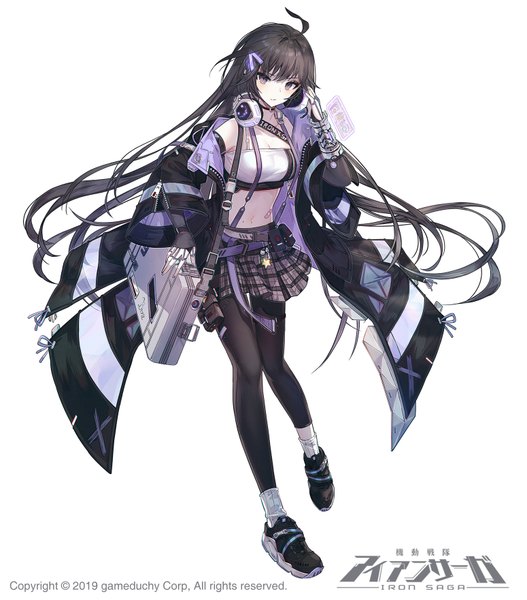 Anime picture 1550x1762 with iron saga paula (iron saga) snow is single long hair tall image looking at viewer blush fringe breasts black hair simple background standing white background purple eyes bare shoulders full body ahoge long sleeves nail polish