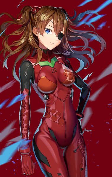 Anime picture 1000x1582 with neon genesis evangelion rebuild of evangelion evangelion: 3.0 you can (not) redo gainax soryu asuka langley shikinami asuka langley posom single long hair tall image looking at viewer fringe blue eyes hair between eyes brown hair standing signed two side up hand on hip red background