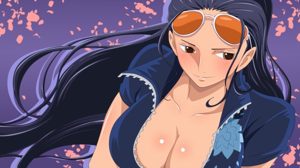 Anime picture 3000x1688 with one piece toei animation nico robin makoto98 single long hair blush highres breasts light erotic black hair smile wide image large breasts brown eyes coloring portrait girl sunglasses