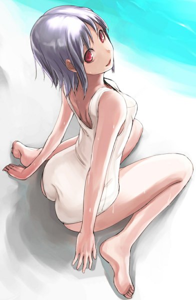 Anime picture 700x1070 with original tea (nakenashi) single tall image looking at viewer short hair light erotic smile red eyes sitting barefoot grey hair bare legs wet wariza girl swimsuit one-piece swimsuit