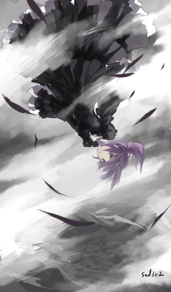 Anime picture 708x1204 with elsword aisha landar swd3e2 single tall image looking at viewer fringe hair between eyes purple eyes signed sky purple hair cloud (clouds) pleated skirt from above blurry grey background monochrome flying frilly skirt