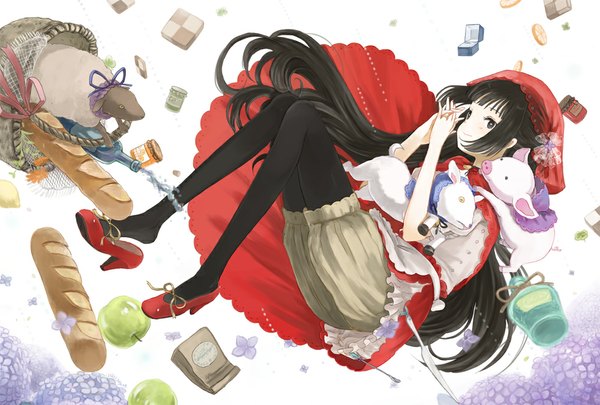 Anime picture 1000x675 with little red riding hood little red riding hood (character) tagme (artist) single long hair looking at viewer blush blue eyes black hair simple background smile white background checkerboard cookie girl animal pantyhose food sweets hood bottle