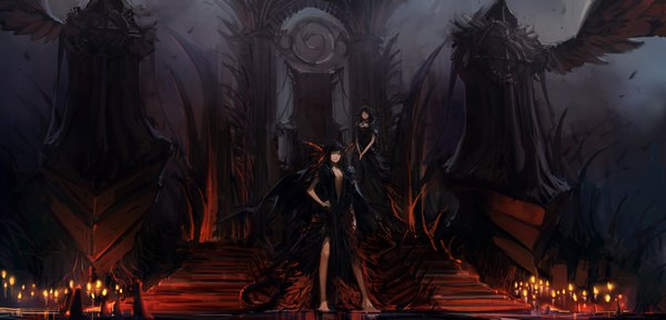 Anime picture 1800x865 with original blueman long hair highres black hair wide image standing multiple girls tail barefoot horn (horns) night no bra bare legs demon girl girl dress 2 girls stairs candle (candles)