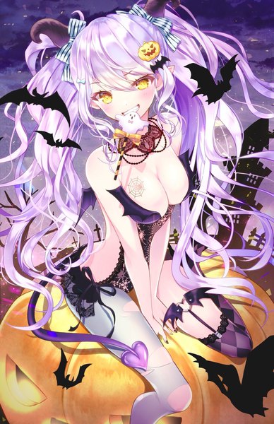 Anime picture 1326x2048 with original yugirlpict single long hair tall image looking at viewer blush fringe breasts light erotic hair between eyes large breasts sitting twintails holding yellow eyes payot cleavage purple hair tail