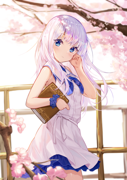 Anime picture 1260x1776 with original mokew single long hair tall image looking at viewer blush fringe blue eyes standing holding silver hair outdoors sleeveless cherry blossoms wrist scrunchie spring girl dress book (books)