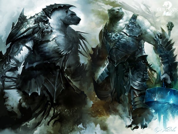 Anime picture 2560x1920 with guild wars 2 highres gloves weapon animal armor bear hammer polar bear