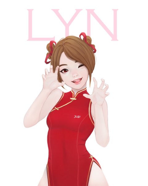 Anime picture 2400x3000 with original lyn (jubi) jubi (regiana) single tall image looking at viewer highres short hair open mouth simple background smile red eyes brown hair white background signed traditional clothes one eye closed realistic hair bun (hair buns) sleeveless