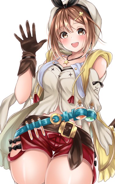 Anime picture 1191x1893 with atelier (series) atelier ryza gust (company) reisalin stout nakaji (user snap3353) single tall image looking at viewer blush fringe short hair open mouth simple background hair between eyes brown hair white background brown eyes :d from below girl