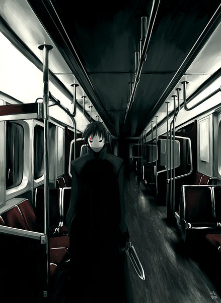 Аниме картинка 658x900 с темнее чёрного studio bones hei (darker than black) archlich один (одна) высокое изображение короткие волосы чёрные волосы мужчина оружие маска пальто наземный транспорт нож поезд