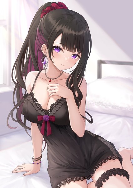 Anime picture 1068x1500 with virtual youtuber propro production koinoya mai kirimoti34 single long hair tall image looking at viewer blush fringe breasts light erotic black hair large breasts sitting purple eyes bare shoulders payot cleavage ponytail