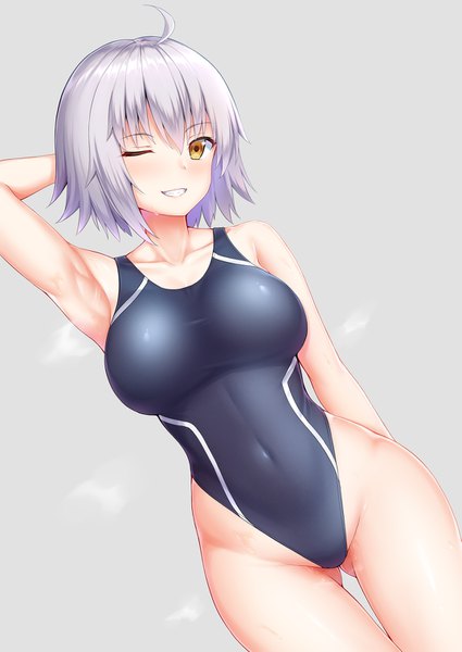 Anime picture 1075x1518 with fate (series) fate/grand order jeanne d'arc (fate) (all) jeanne d'arc alter (fate) zuizhong single tall image looking at viewer blush fringe short hair breasts light erotic simple background smile hair between eyes large breasts standing yellow eyes silver hair