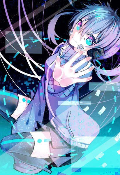 Anime picture 2031x2952 with kagerou project shaft (studio) ene (kagerou project) ayan single long hair tall image looking at viewer fringe highres smile twintails bent knee (knees) pleated skirt multicolored hair zettai ryouiki multicolored eyes against glass girl skirt