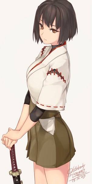 Anime picture 454x900 with kantai collection hyuuga battleship rokuwata tomoe single tall image fringe short hair simple background brown hair standing brown eyes signed traditional clothes japanese clothes from above dated girl weapon sword katana