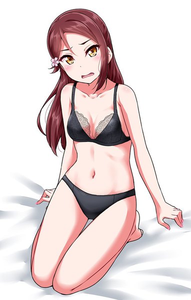 Anime picture 664x1042 with love live! sunshine!! sunrise (studio) love live! sakurauchi riko yopparai oni single long hair tall image looking at viewer blush fringe breasts open mouth light erotic simple background hair between eyes white background sitting bare shoulders yellow eyes